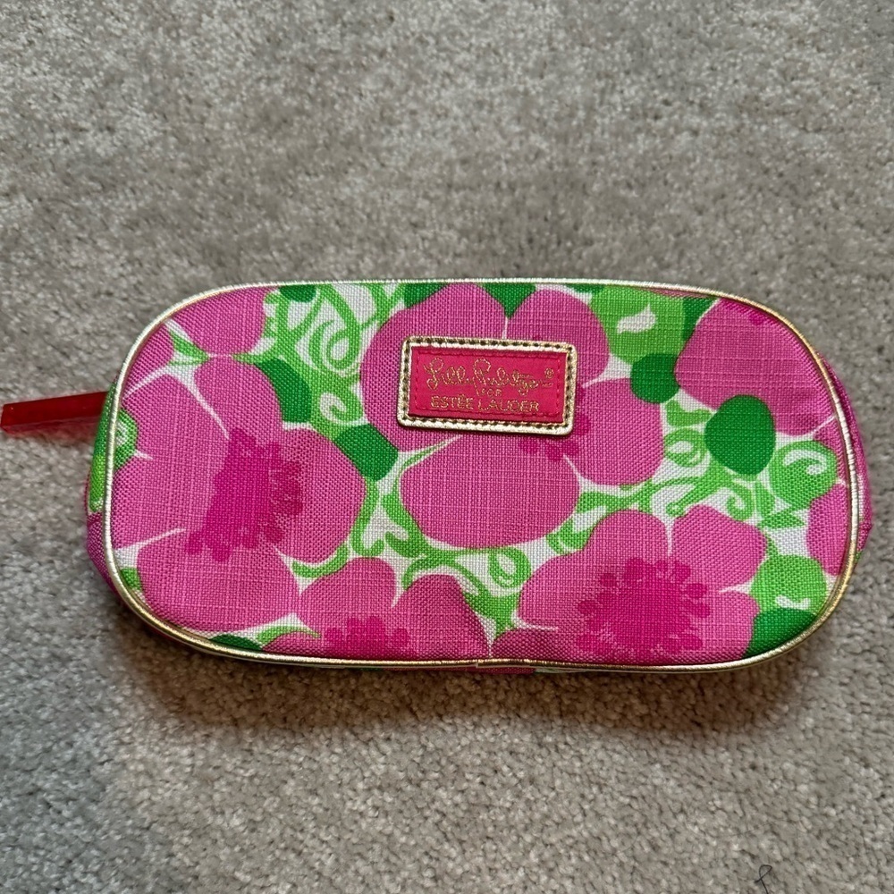 Lilly Pulitzer For Estee Lauder Large Pink & Green Floral Cosmetic Makeup Bag